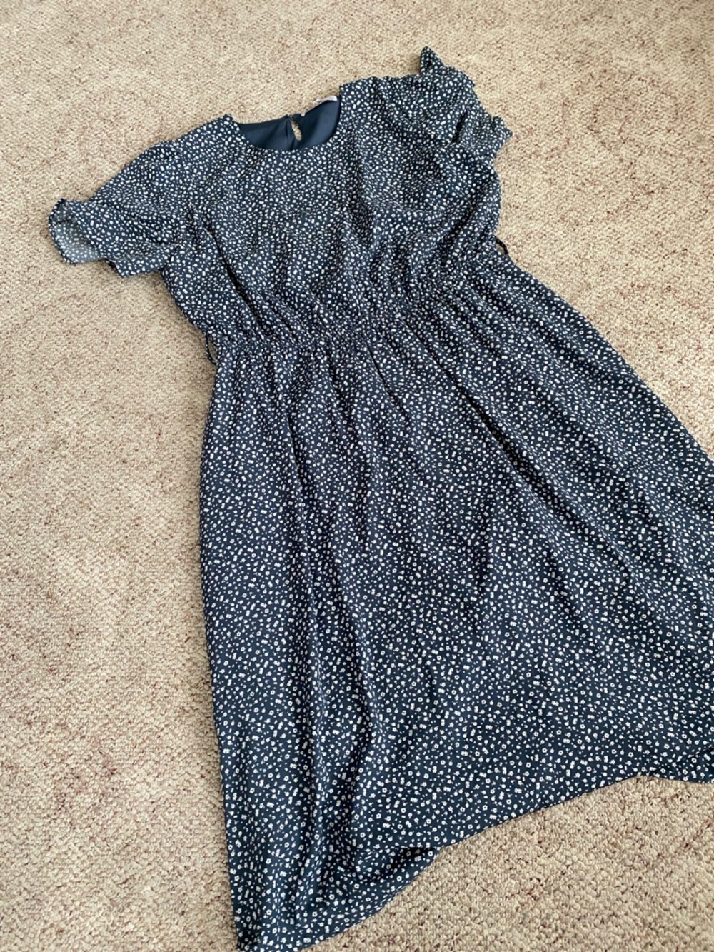 Women's Navy Blue Midi Dress with White Dot Print